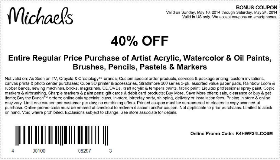 Coupon for: Michaels, Art supplies with 40% discount